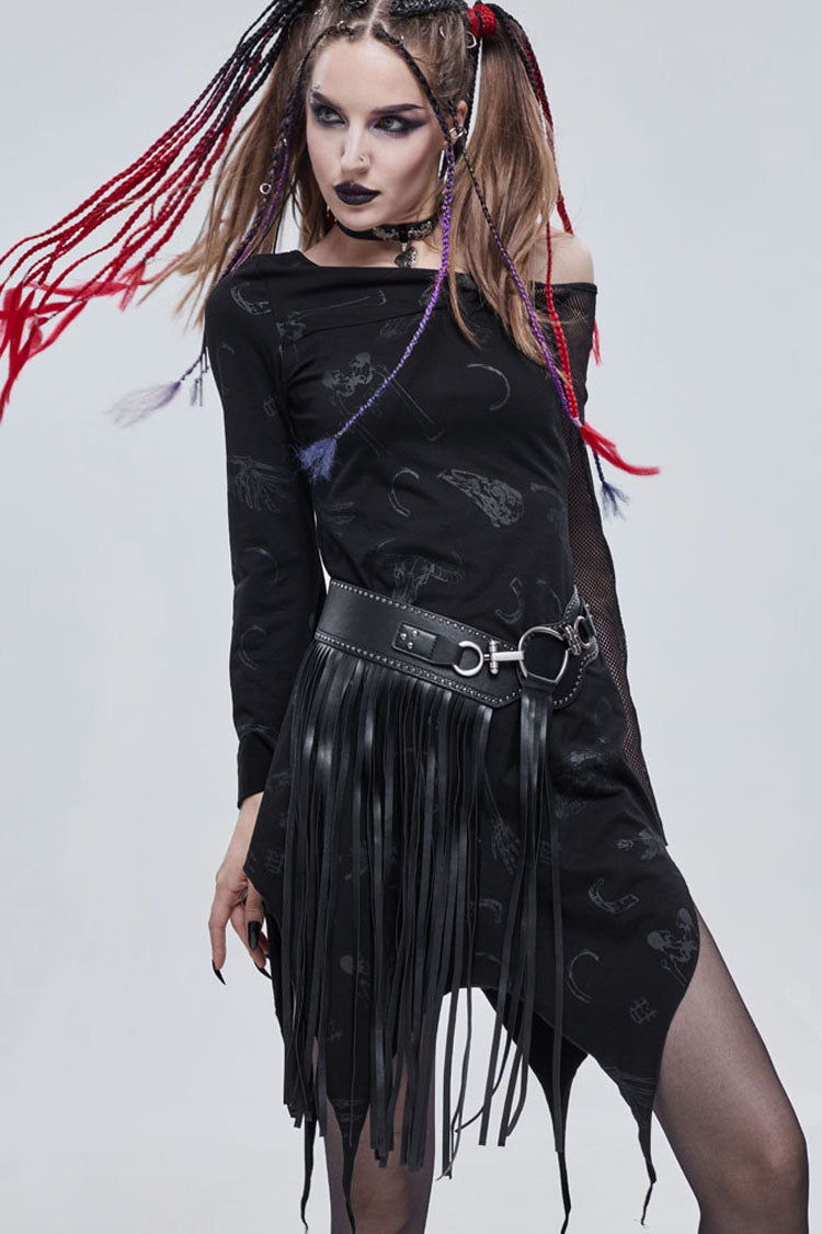 Black Gothic Off-The-Shoulder Graphic-Print Asymmetric Design Splicing Mesh Women's Dress - Product - 2