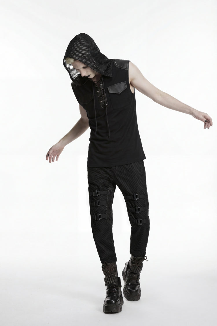 Black Spliced Lace-Up Hooded Studded Men's Punk Cool Vest - Product - 6