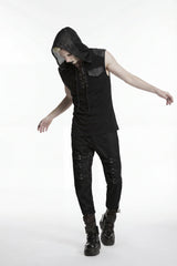 Black Spliced Lace-Up Hooded Studded Men's Punk Cool Vest - Product - 6
