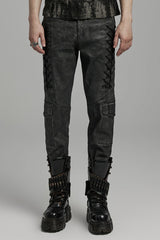 Black Lace-Up Straps  Big-pocket Men's Punk Pants - Black - 1