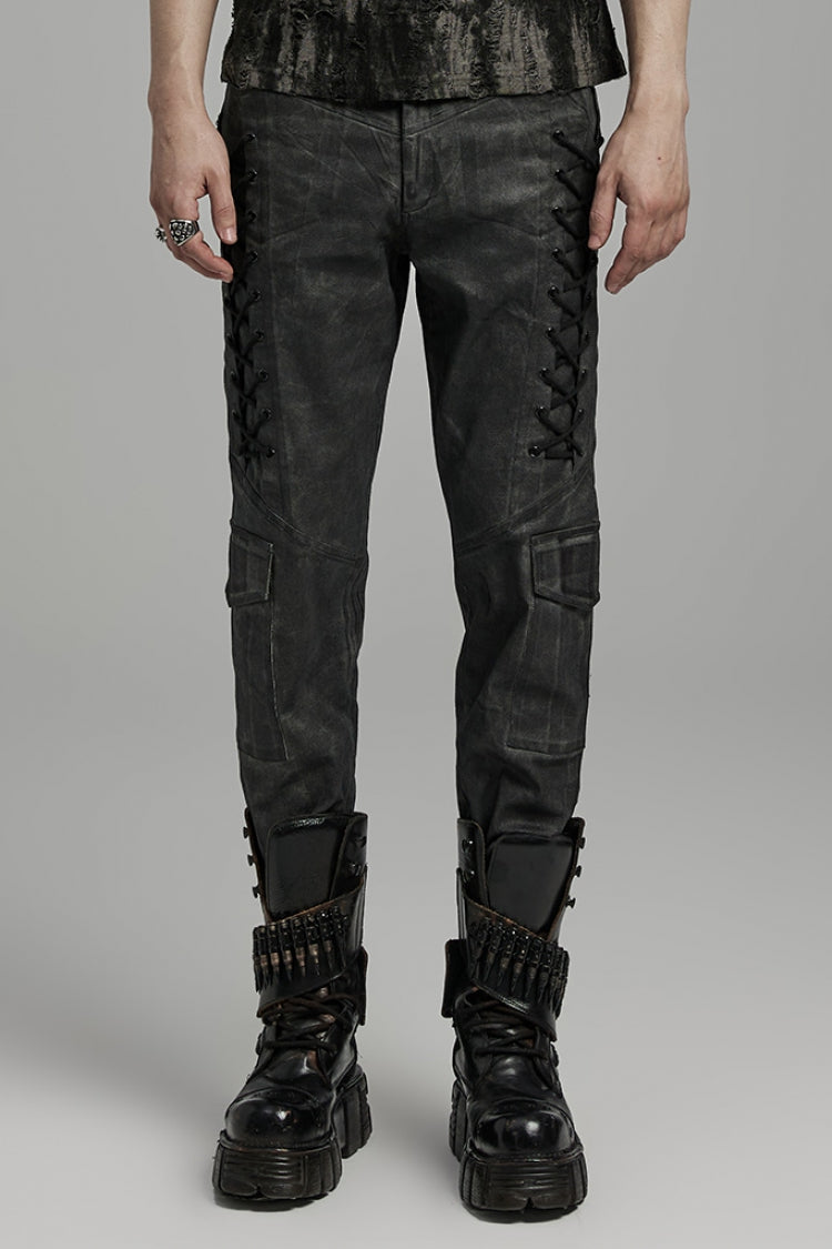 Black Lace-Up Straps  Big-pocket Men's Punk Pants - Black - 1