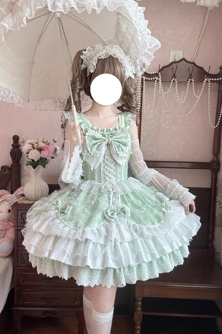 Green Sleeveless Triple-Layered Ruffle Embroidery Bowknot Lace-Up Pearl Sweet Plus Size Lolita Jsk Dress - Product - 4