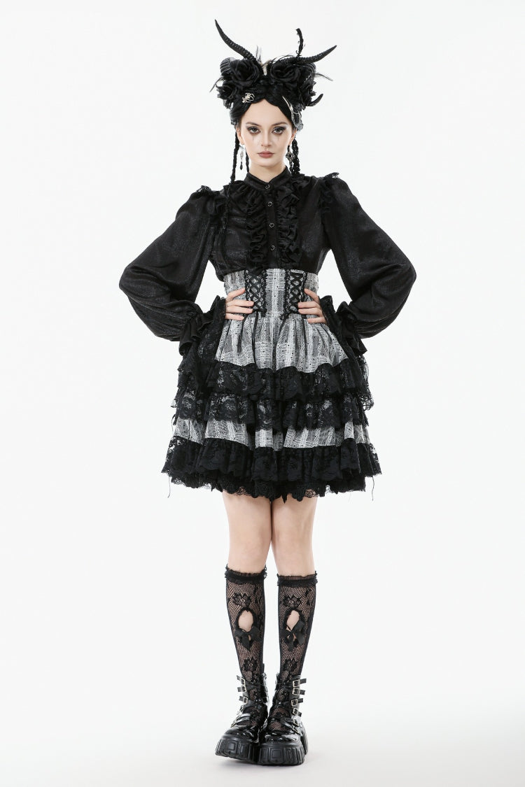 Black/Grey High Waisted Lace-Up Lace Ruffled Layered Hem Women's Lolita Gothic Skirt - Product - 10