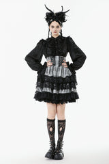 Black/Grey High Waisted Lace-Up Lace Ruffled Layered Hem Women's Lolita Gothic Skirt - Product - 10