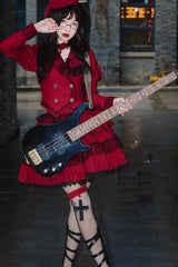 Red Gothic Punk Long Sleeves Removable Corsage Lolita Skirt Set - Product - 2