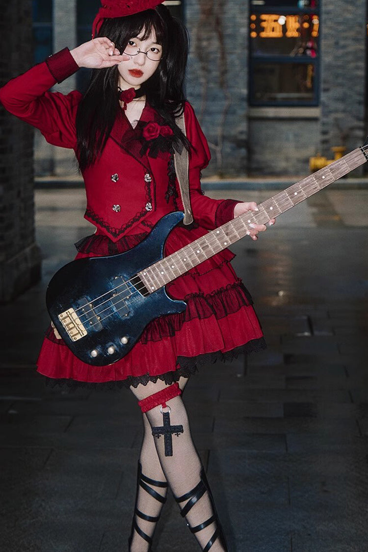 Red Gothic Punk Long Sleeves Removable Corsage Lolita Skirt Set - Product - 2
