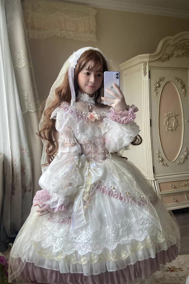 [Elizabeth Tea Party] Multi-Color Short Sleeves Ruffle Hanayome Bowknot Stitching Lace Sweet Lolita Dress - Product - 2