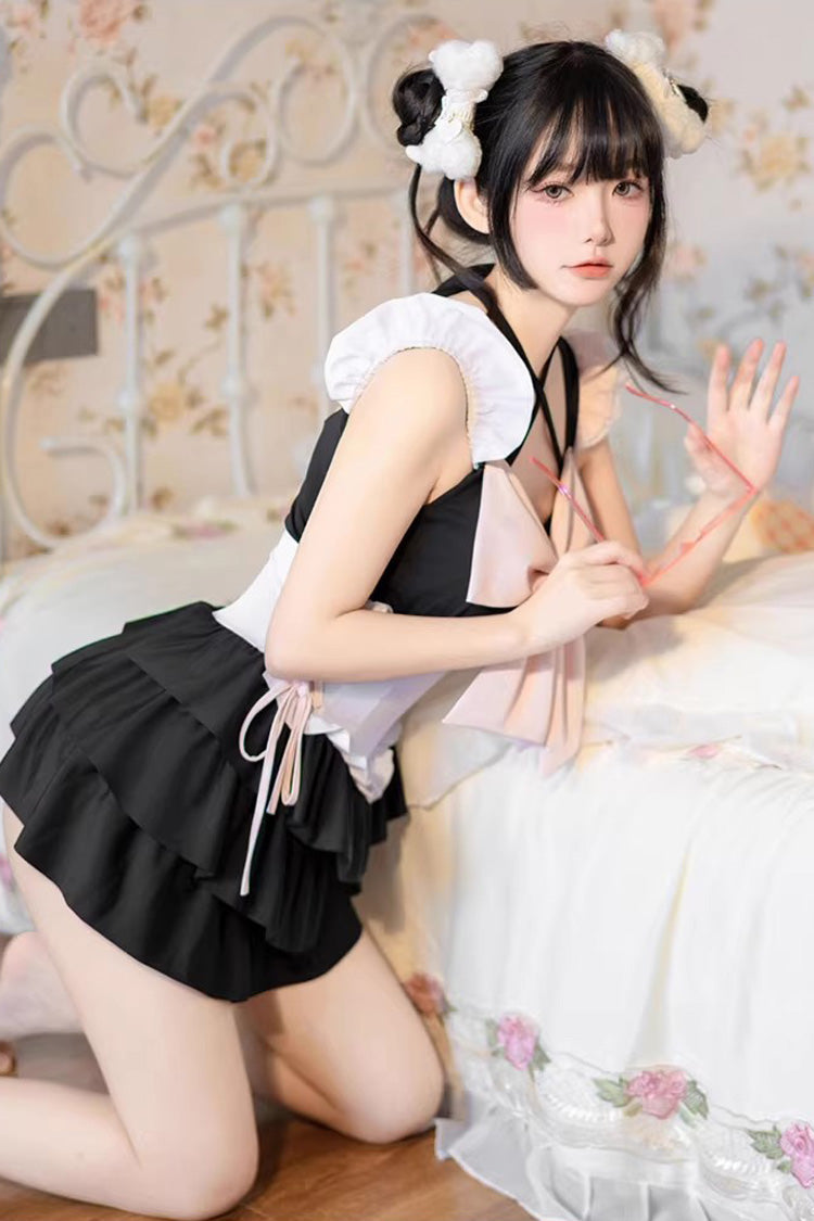Black/Pink Summer Sweetheart Triple-Layered Ruffled Bow Sweet Lolita Bubble Swimsuit - Product - 7