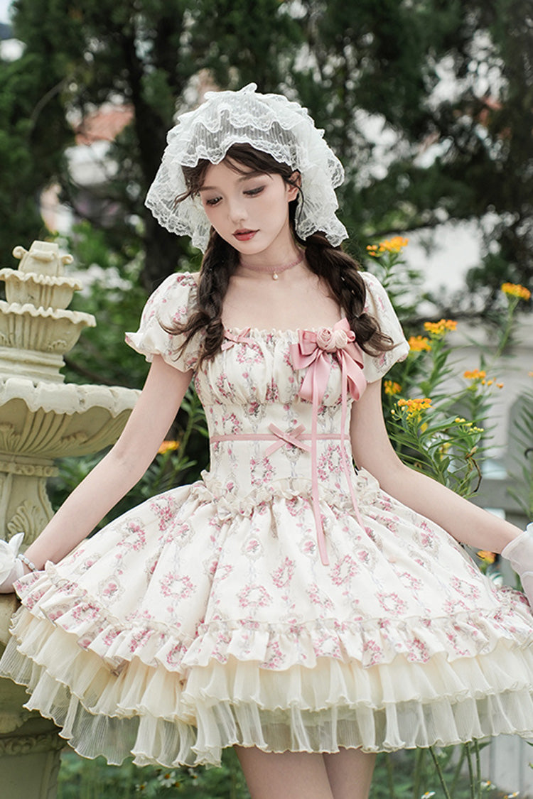 Ivory [Rose After The Rain] Short Sleeves Triple-Layered Print Ruffle Bowknot Lace-Up Sweet Lolita Short Dress - Product - 3