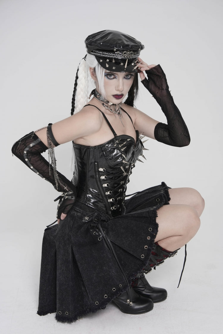 Black Lace-Up Slim Studded Zippered Women's Punk Corset - Product - 5