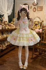 Yellow [Meowling Sweet Maid] Sleeveless Multi-Layered Ruffle Bowknot Lace Sweet Princess Lolita Jsk Dress - Product - 2