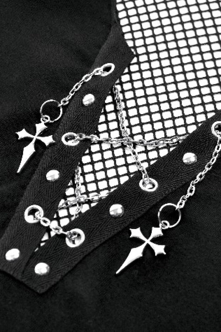 Black Short Sleeves Irregular Mesh Cross Chain-Decorated Eyelet Women's Punk Top - Product - 15