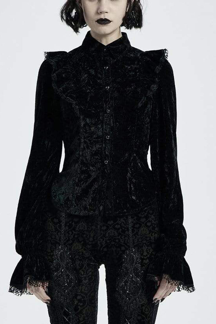 Black Gothic Velvet High Collar Front Chest Flounce Lace Cuff Back Waist Lace Up Print Women's Blouse - Black - 1