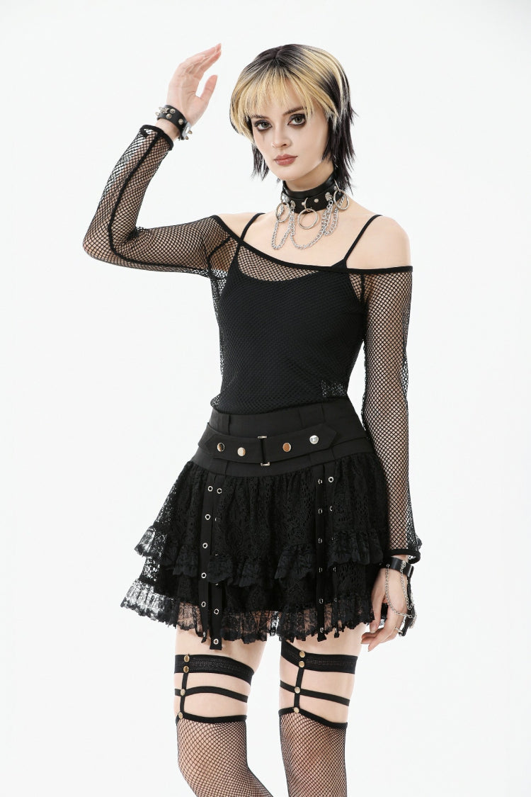 Black Off Shoulder Long Sleeves Mesh Women's Gothic Versatile Top - Product - 5