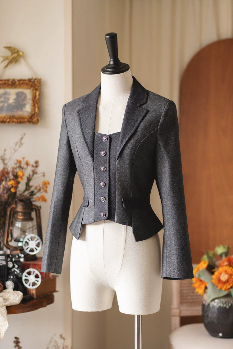 Grey [Beech Forest] Long Sleeves Color-Blocked Classic Vintage Ouji Lolita Coat 2 Colors - Grey - 1