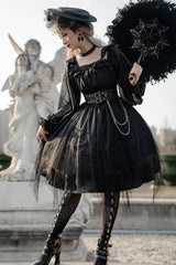 Black Square Collar Metal Chain Organza Stitching Gothic Lolita OP Dress (Short Version) - Product - 5