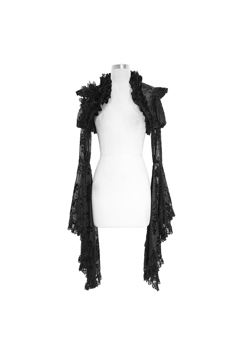 Black Transparent Lace Trim Big Trumpet Sleeve 3D Flower Rabbit Fur Lace Women's Gothic Shawl - Black - 1