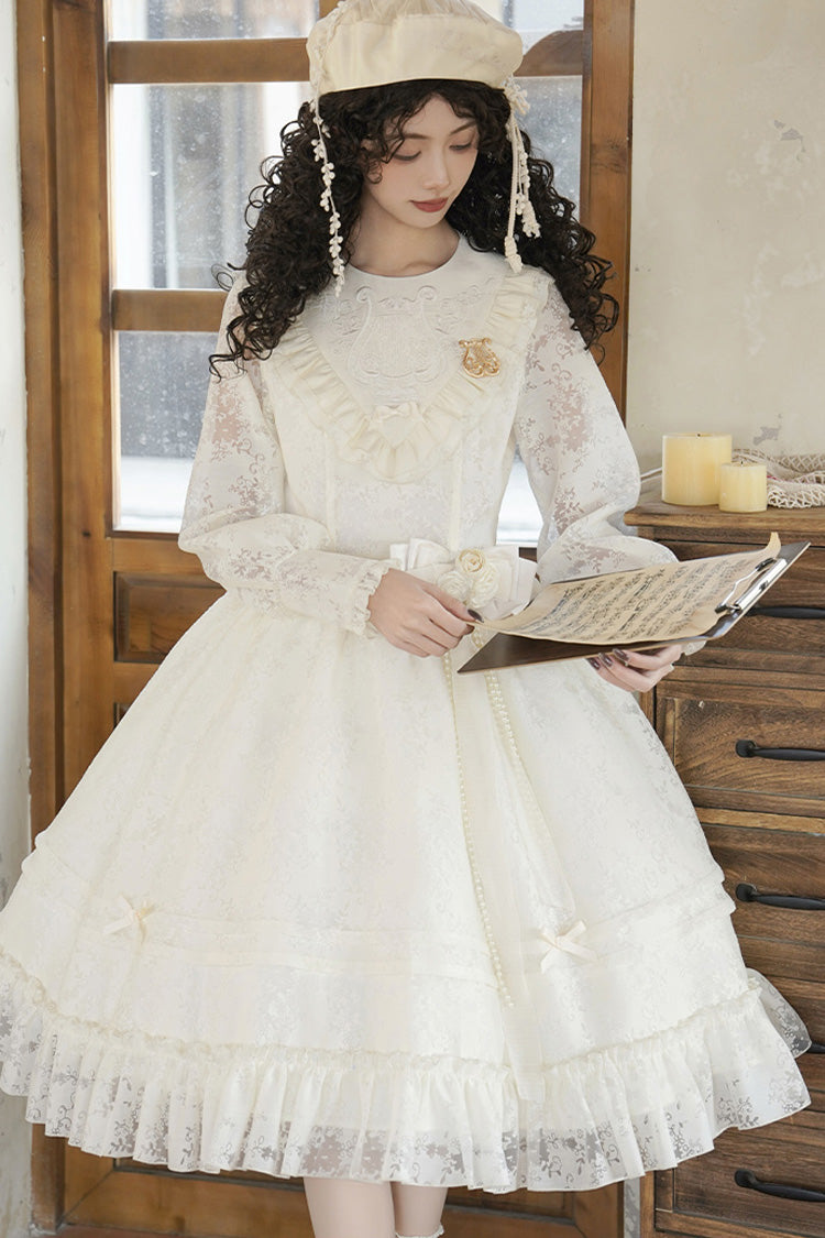 Ivory [Flower Sound] Long Sleeves Ruffle Cardigan Bowknot Lace Sweet Lolita Dress - Product - 3