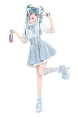 White/Blue Short Sleeves Ruffle Slim Jirai Kei Japanese Skirt Set - Product - 2