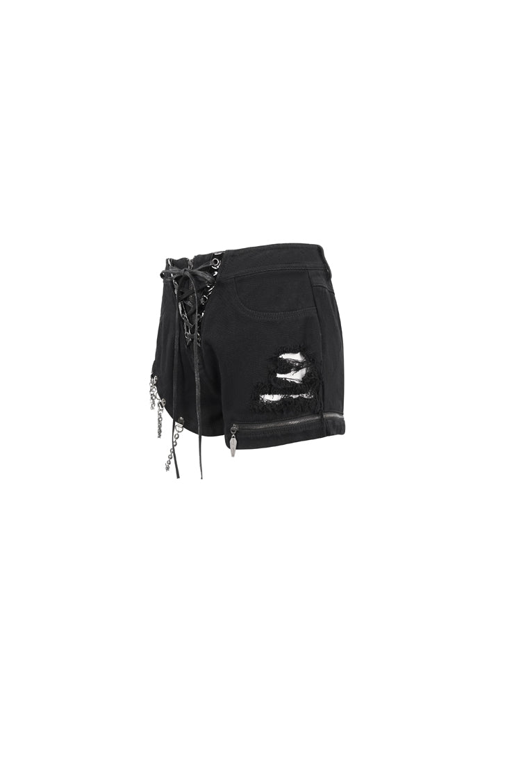 Black Asymmetric Metal Chain Ripped Zip Denim Women's Punk Shorts - Product - 7