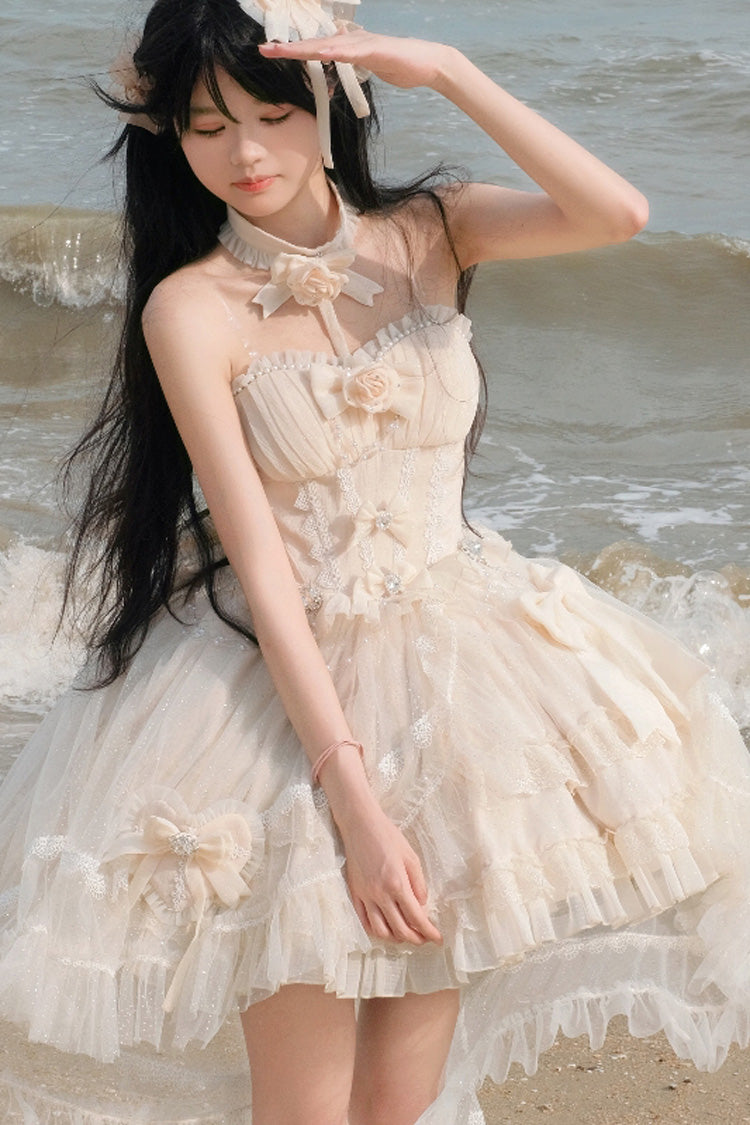 Ivory Galaxy Flower Language Multi-Layered Ruffle Bowknot Sweet Lolita Tube Top Dress - Ivory - 1