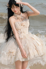 Ivory Galaxy Flower Language Multi-Layered Ruffle Bowknot Sweet Lolita Tube Top Dress - Ivory - 1