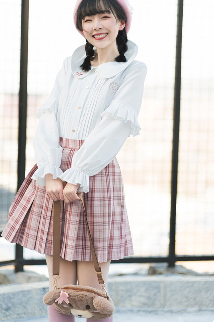 Pink College Style Plaid Stripe Print Sweet Japanese School Pleated Skirt - Product - 8