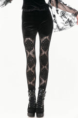 Black Women's Gothic Retro Embroidered Sheer Lace Patchwork Slim Leggings - Black - 1