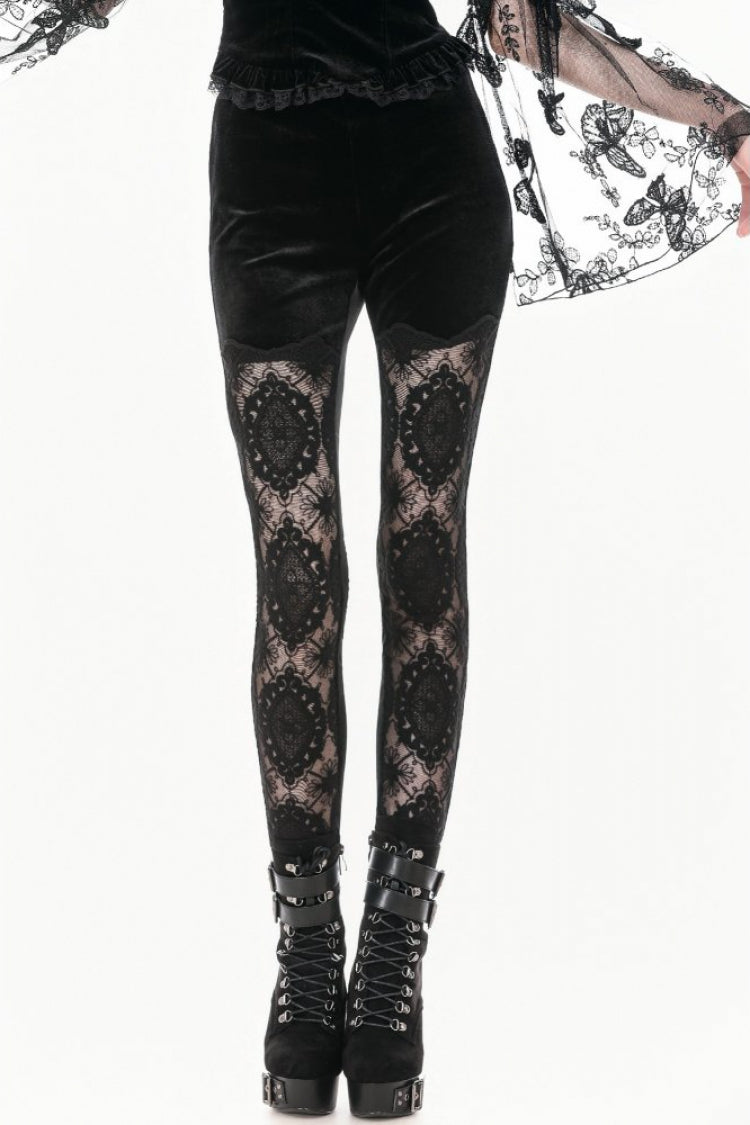 Black Women's Gothic Retro Embroidered Sheer Lace Patchwork Slim Leggings - Black - 1