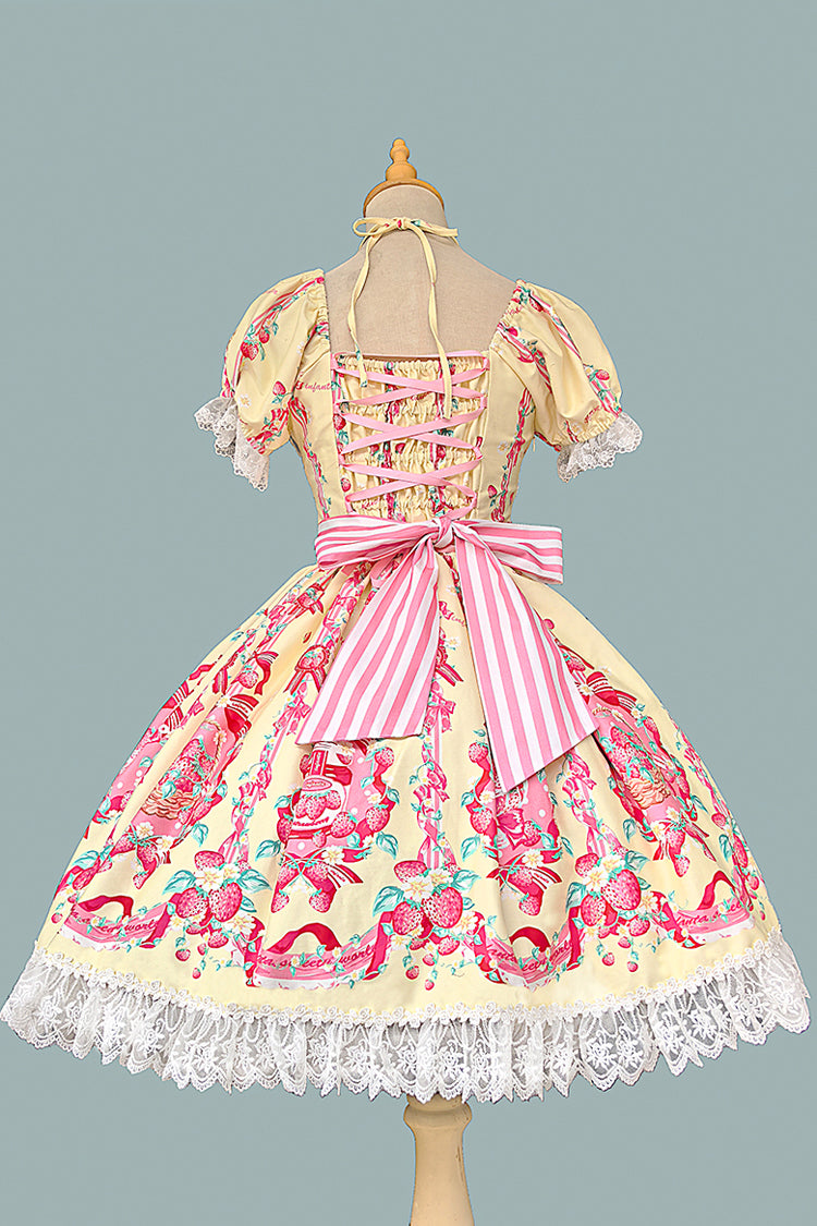 [Strawberry Chef] Short Sleeves Print Bowknot Lace Sweet Lolita Dress 4 Colors - Product - 15