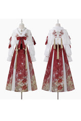 Red/White Lapel Collar Long Sleeves High Waisted Jacquard Print Embroidery Pleated Women's Chinese Style Gorgeous Hanfu Dress Set - Product - 8