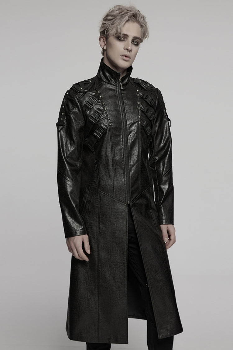 Black Stand Collar Long Sleeves Faux Leather Buckle Men's Punk Coat - Product - 2