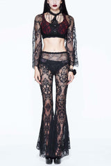 Black Lace Super Short Openwork Sunscreen Long Sleeve Women's Gothic Shirt - Black - 1