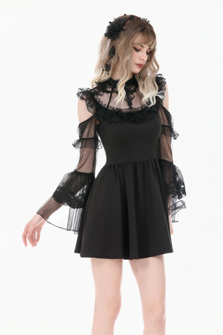 Black Cut-Out Multi-Layered Ruffled Long Trumpet Sleeves Sheer Mesh Splice Lace Lace-Up Women's Gothic Dress - Product - 5
