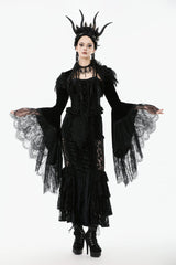 Black Lace Spliced Velvet Long Flared Sleeves Floral Feather Women's Gothic Cape - Product - 10