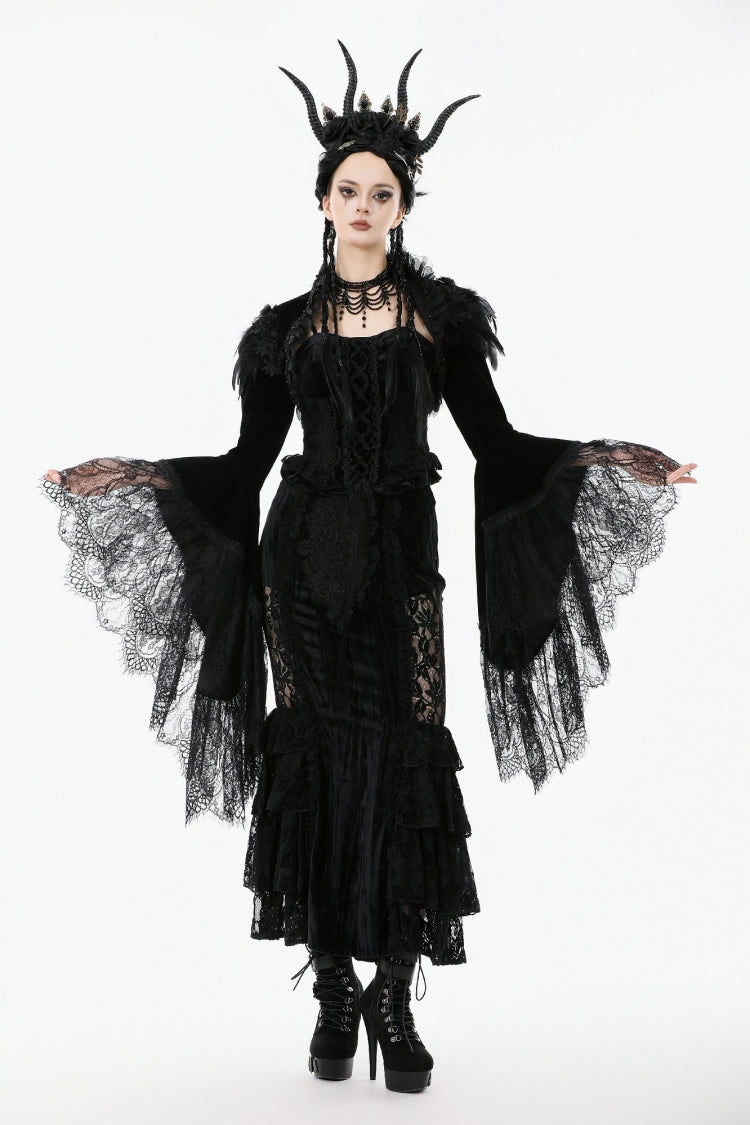 Black Lace Spliced Velvet Long Flared Sleeves Floral Feather Women's Gothic Cape - Product - 10