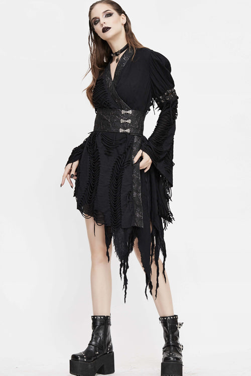 Black Punk Asymmetric Mesh Unedged Womens Dress With Belt - Product - 4