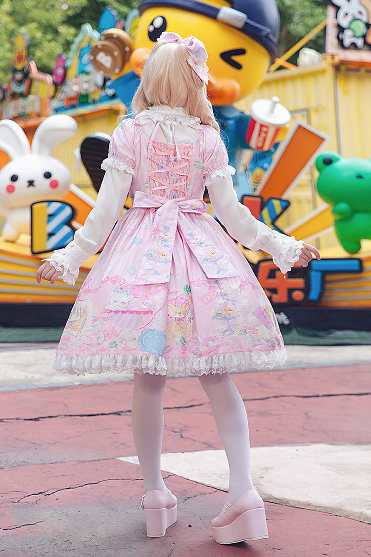 [Macaron Dolly House] Doll Collar Short Sleeves Print Bowknot Sweet Lolita Dress 3 Colors - Product - 9