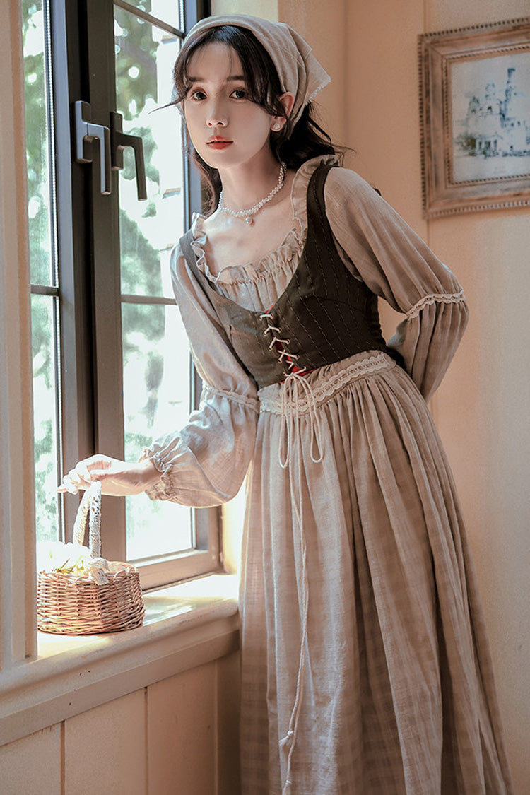 Khaki French Style Round Collar Long Sleeves Printed Classic Vintage Lolita Dress - Khaki(Dress-Only) - 1