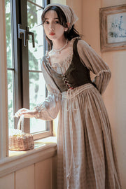 Khaki French Style Round Collar Long Sleeves Printed Classic Vintage Lolita Dress - Khaki(Dress-Only) - 1