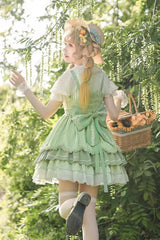 Green Multi-layer Print Ruffle Bowknot Country Style Sweet Lolita Jsk Dress (With Apron) - Product - 5