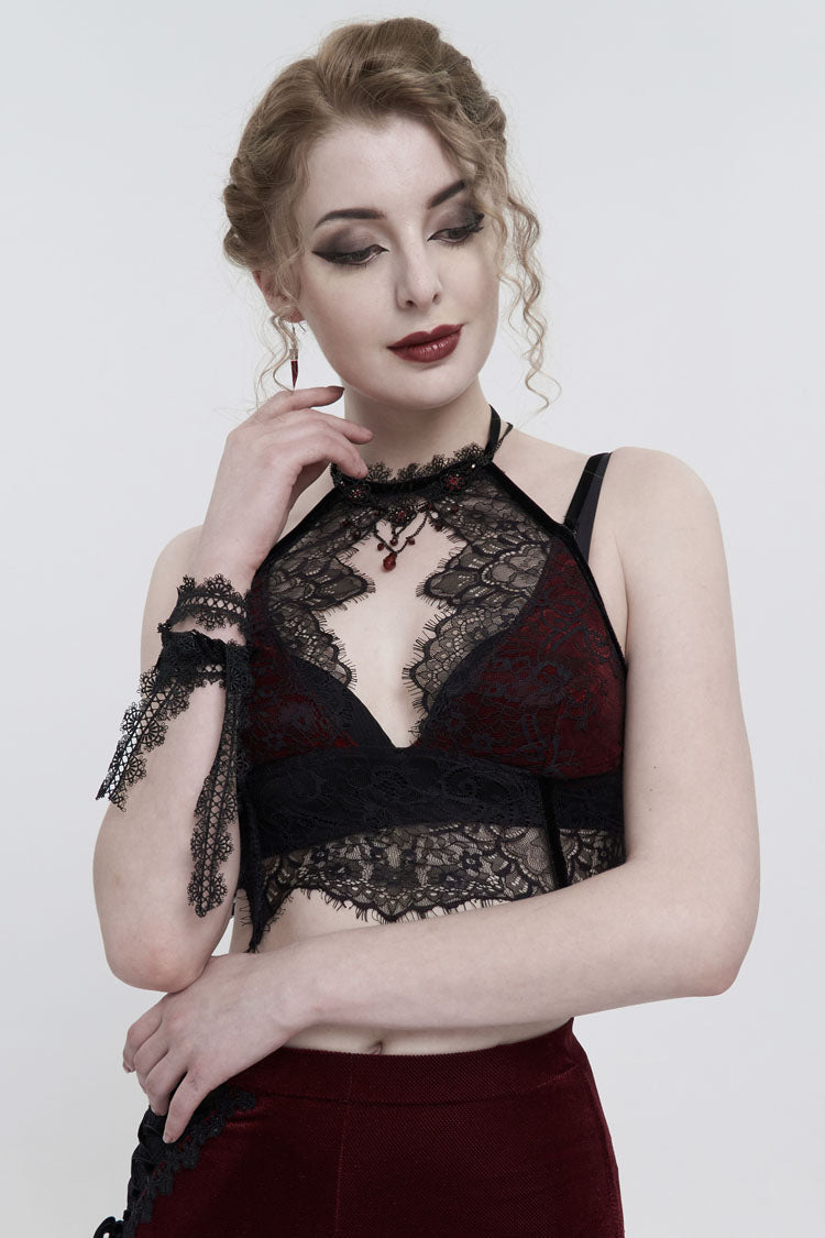 Red Velvet Chest Cutout Lace Hidden Side Zipper Sexy Women's Gothic Halter Lingerie - Product - 2