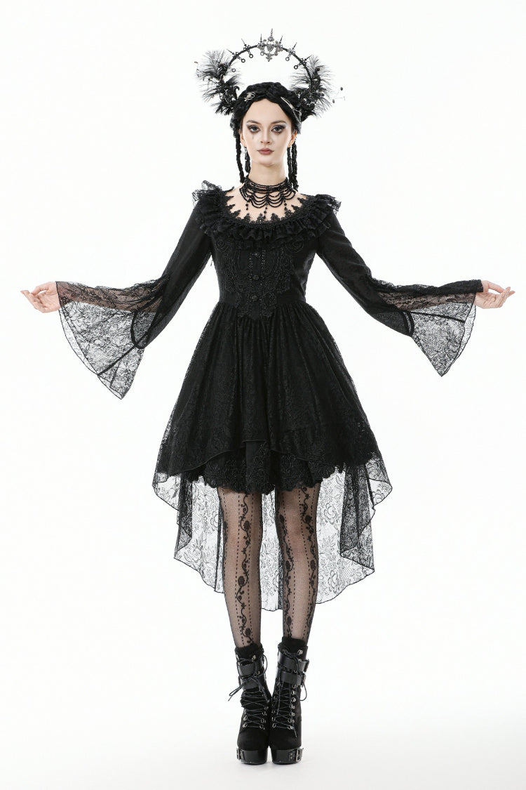 Black Lace Ruffled Boat Neck Long Trumpet Sleeves High-Low Hem Women's Gothic Dress - Product - 6