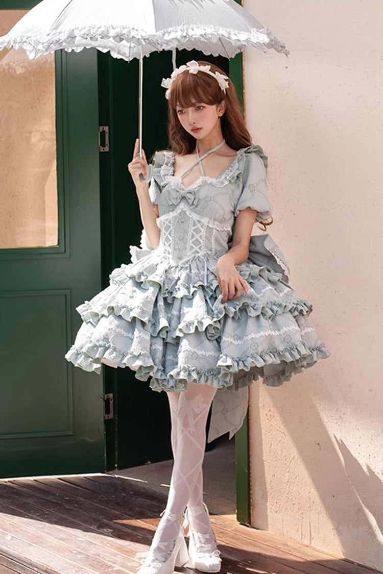 Mint Square Collar Short Sleeves Triple-Layered Ruffle Bowknot Sweet Lolita Dress - Product - 4