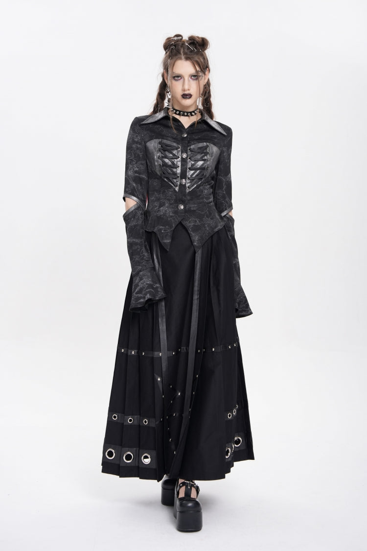 Black Lapel Collar Long Sleeves Print Lace-Up Cutout Women's Punk Blouse - Product - 11
