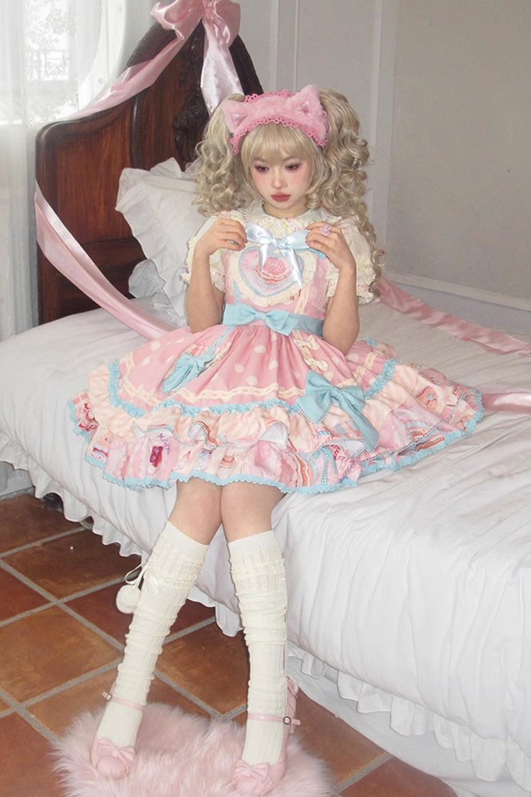 Pink Multi-layer Frosted Sugar Sweetheart Print Bowknot Sweet Lolita Jsk Dress - Product - 3