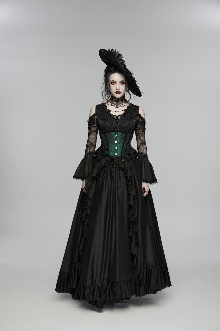 Black/Green Jacquard Lace-Up Slim Women's Gothic Tassels Corset - Product - 2