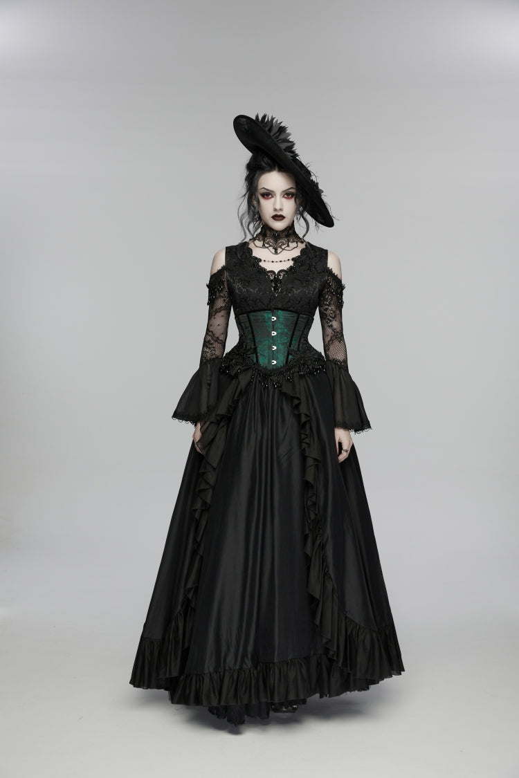 Black/Green Jacquard Lace-Up Slim Women's Gothic Tassels Corset - Product - 2