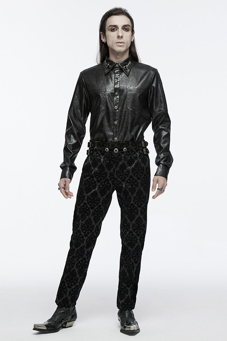 Black Lapel Collar Long Sleeves Buckle Skull Metal Men's Gothic Blouse - Product - 4