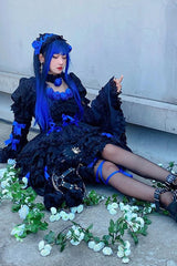 Black/Blue Puff Short Sleeves Princess Gothic Lolita Tiered Dress - Product - 7
